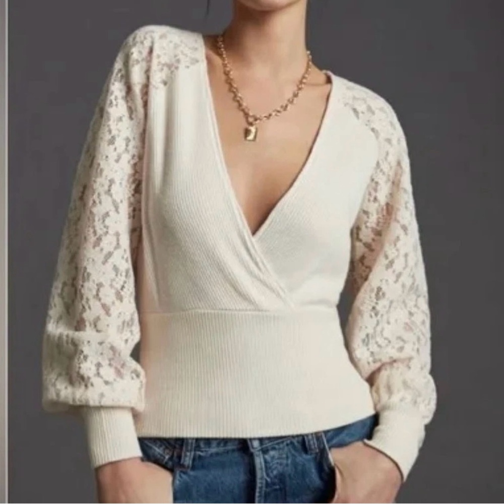 NWT Anthropologie Ivory Cream Lace Long Sleeve V-Neck Sweater Ribbed Top XS